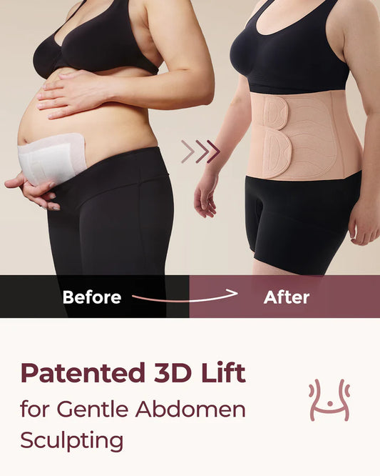 Centura abdominală postpartum pentru recuperare naturală și după cezariană cu ridicare 3D a abdomenului și suport ergonomic pentru spate Modelator pentru recuperare postoperatorie- Momcozy Ergowrap™ Postpartum Belly Band Oyster Pink marime M Petite