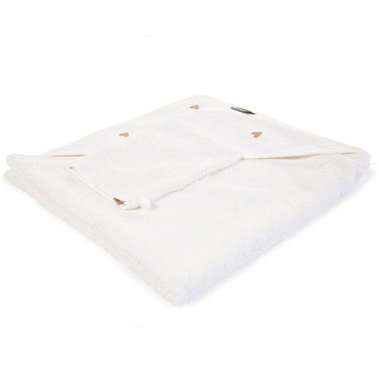 Prosop cu gluga si manusa de baie Childhome Jerse Frotir 80x80 cm, Inimioare
