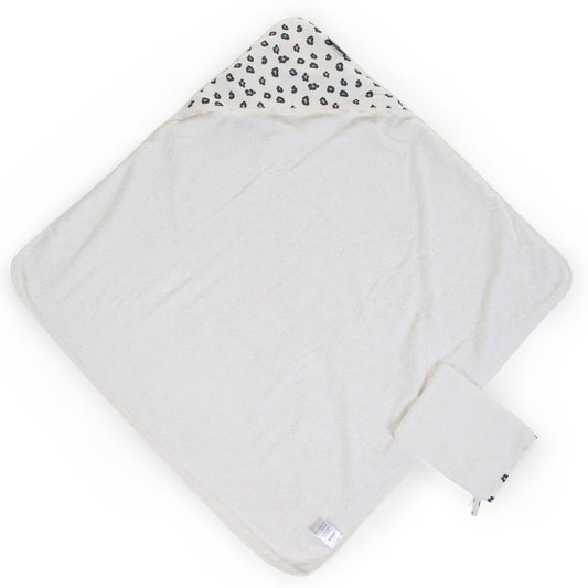 Prosop cu gluga si manusa de baie Childhome Jerse Frotir 80x80 cm, Leopard