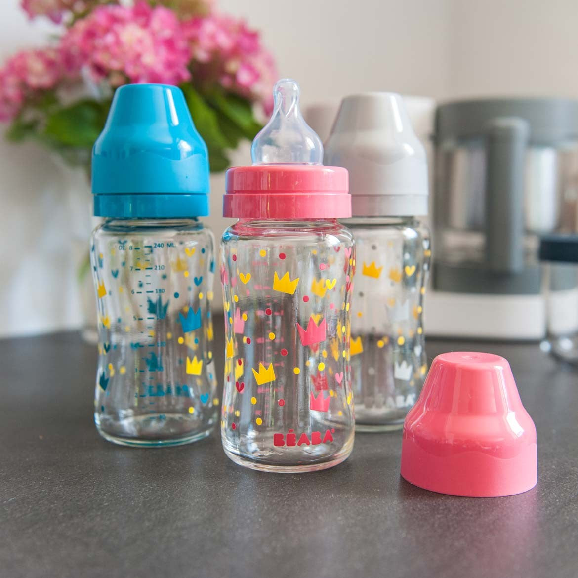 Biberon din sticla cu gat larg Crown 240ml Pink