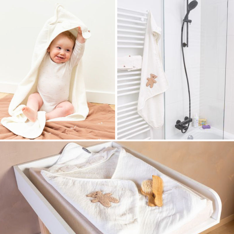 Prosop cu gluga si manusa de baie Childhome 80x80 cm, Muselina Terry Teddy