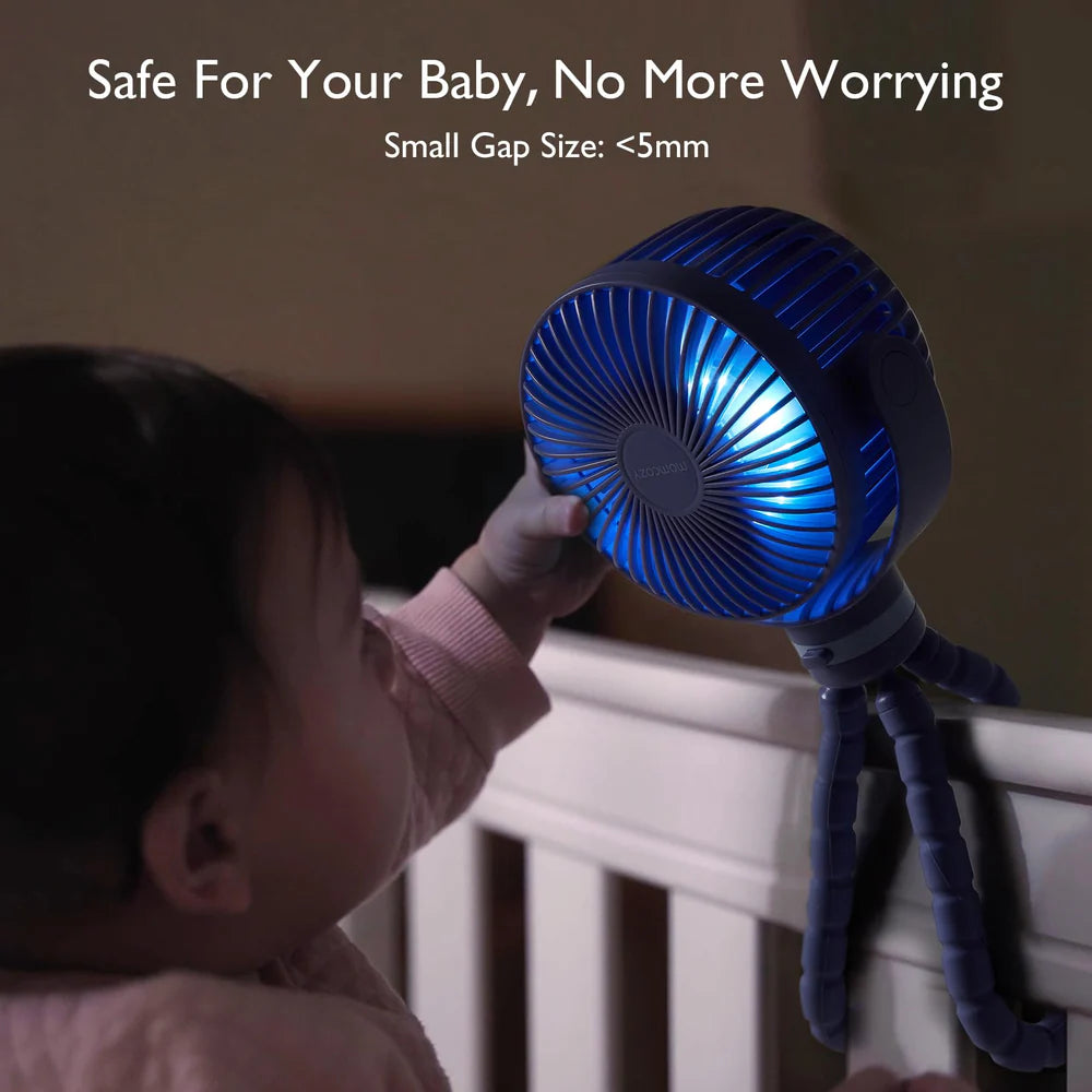 Ventilator 360 grade MULTIFUNCTIONAL portabil pentru carucior Momcozy, 4 viteze,cu acumulator 8000 mAh si Lumina Led - Mov MOMCOZY