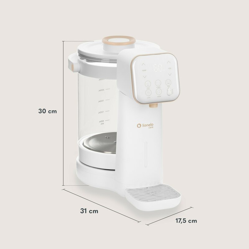 Aparat pentru incalzirea si declorizare apei, Lionelo, Babypresto 2.0, Pentru lapte parf, Lampa UV, Rezervor 3l, Lumina de noapte, Dozare 30- 300 ml, 1200 W, Afisaj digital, Alb