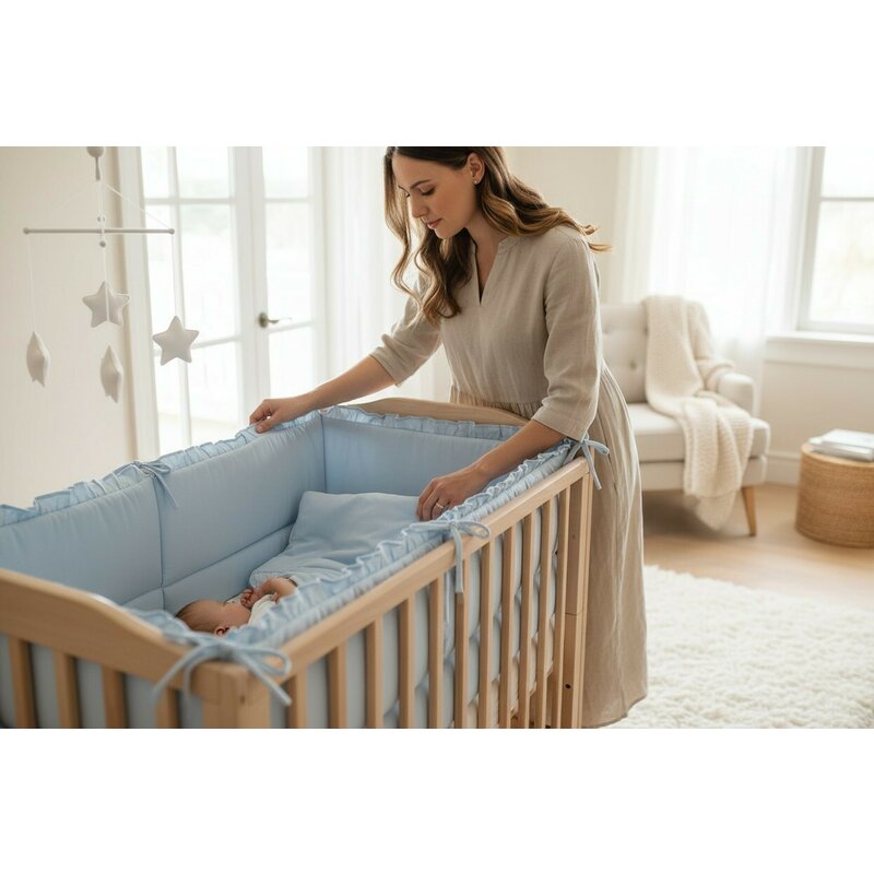 Aparatoare pentru patut, MimiNu, Cu volanase, Din bumbac certificat Oeko Tex Standard 100, 180x30 cm, Cu panglici, Colectia Royal, Blue