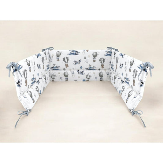 Aparatoare pentru patut, MimiNu, Din bumbac certificat Oeko Tex Standard 100, 180x30 cm, Cu panglici, Blue Plane