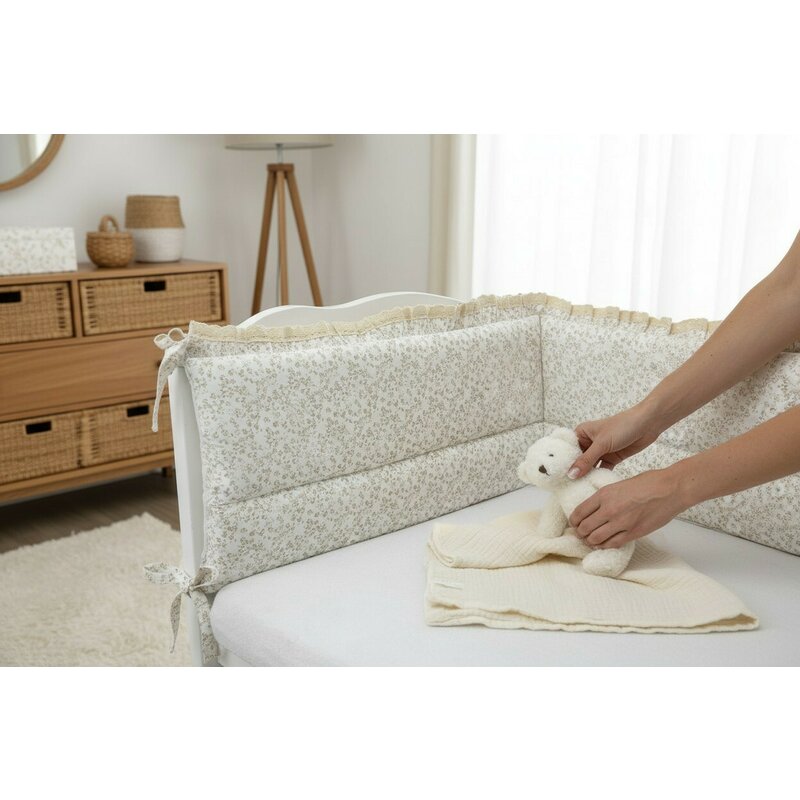 Aparatoare pentru patut, MimiNu, Premium, Cu volanase si dantela, Din bumbac certificat Oeko Tex Standard 100, 180x30 cm, Cu panglici, Meadow