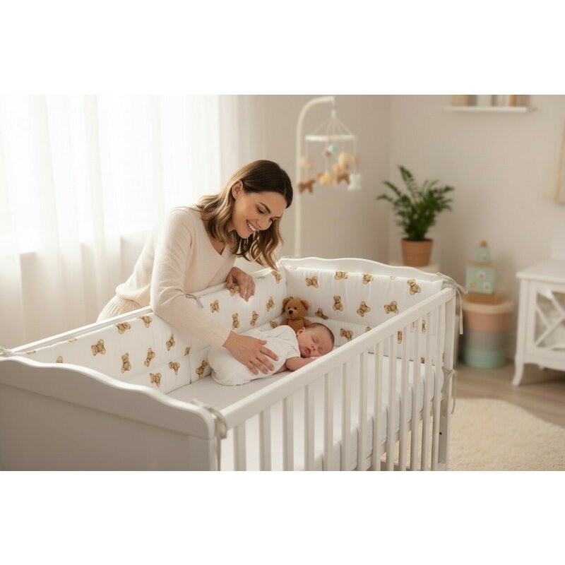 Aparatoare pentru patut, Qmini, Din bumbac certificat Oeko Tex Standard 100, 180x30 cm, Cu panglici, Teddy Toys