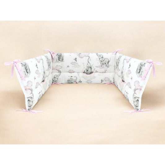 Aparatoare pentru patut, Qmini, Din bumbac certificat Oeko Tex Standard 100, 210x30 cm, Cu panglici, Elephants on Rainbow Pink