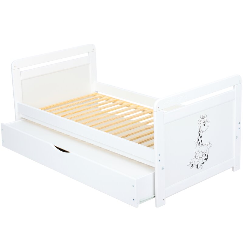 Pătuț din Lemn BabyNeeds Nadia II Girafa 120x60 cm Alb cu Sertar + Saltea 8 cm