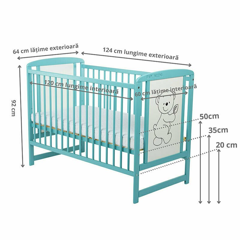 Patut din lemn bebe, 120x60 cm, Cu laterala culisanta, Din lemn de pin si mdf, Stabil si rezistent, Inaltime saltea reglabila pe 3 nivele, Laterala cu 3 bete detasabile, EN716-1, EN716-2, Mint, Babyneeds, Timmi
