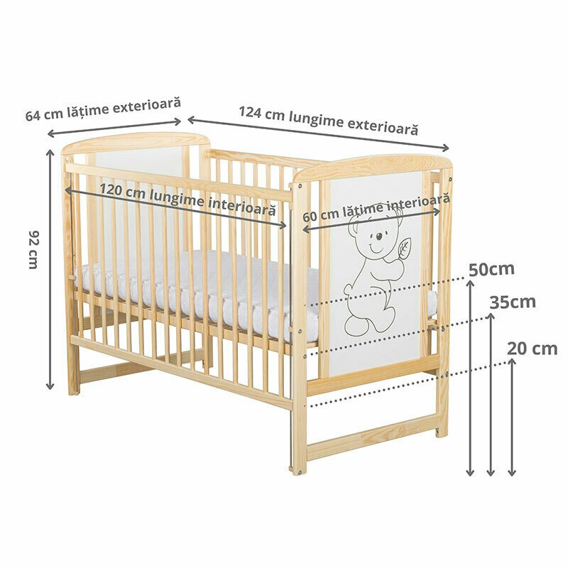 Patut din lemn bebe, 120x60 cm, Cu laterala culisanta, Din lemn de pin si mdf, Stabil si rezistent, Inaltime saltea reglabila pe 3 nivele, Laterala cu 3 bete detasabile, EN716-1, EN716-2, Natur, Babyneeds, Timmi