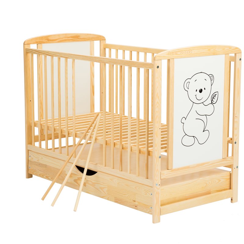 Patut din lemn bebe, 120x60 cm, Cu sertar cu capac, Din lemn de pin si mdf, Stabil si rezistent, Inaltime saltea reglabila pe 3 nivele, Laterala cu 3 bete detasabile, EN716-1, EN716-2, Natur, Babyneeds, Timmi