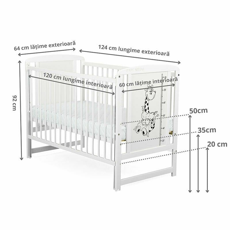 Patut din lemn bebe, 120x60 cm, Cu laterala culisanta, Din lemn de pin si mdf, Stabil si rezistent, Inaltime saltea reglabila pe 3 nivele, Laterala cu 3 bete detasabile, EN716-1, EN716-2, Alb, Babyneeds, Timmi Girafa