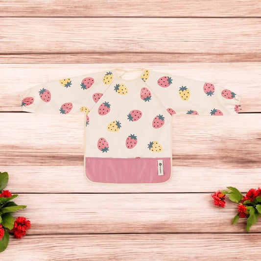 Baveta impermeabila, Petite&Mars, Cu maneci lungi, Usor de curatat, inchidere prin velcro, Dimensiune 38x42 cm, 24 luni+, Beige Strawberies