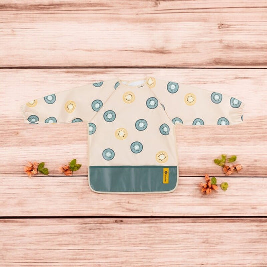 Baveta impermeabila, Petite&Mars, Cu maneci lungi, Usor de curatat, inchidere prin velcro, Dimensiune 38x42 cm, 24 luni+, Green Kiwi