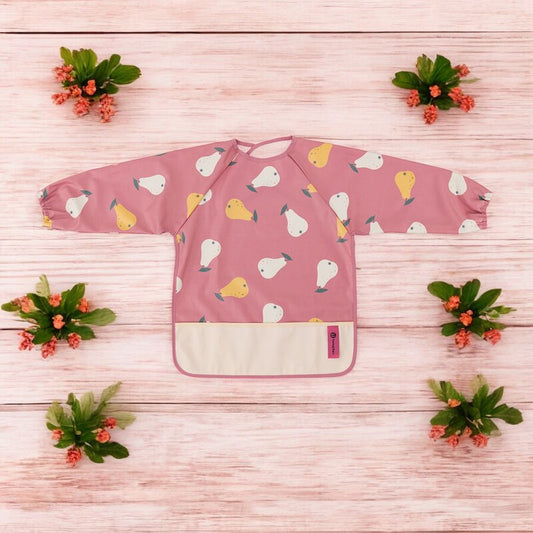 Baveta impermeabila, Petite&Mars, Cu maneci lungi, Usor de curatat, inchidere prin velcro, Dimensiune 38x42 cm, 24 luni+, Pink Pears