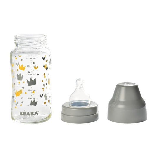 Biberon din sticla cu gat larg Crown 240ml Grey