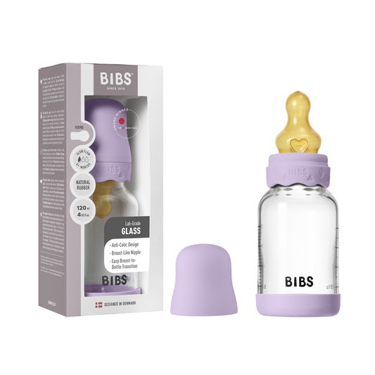 BIBS - Set complet biberon Boheme din sticla anticolici cu tetina din latex, flux lent, 120 ml, Violet Sky