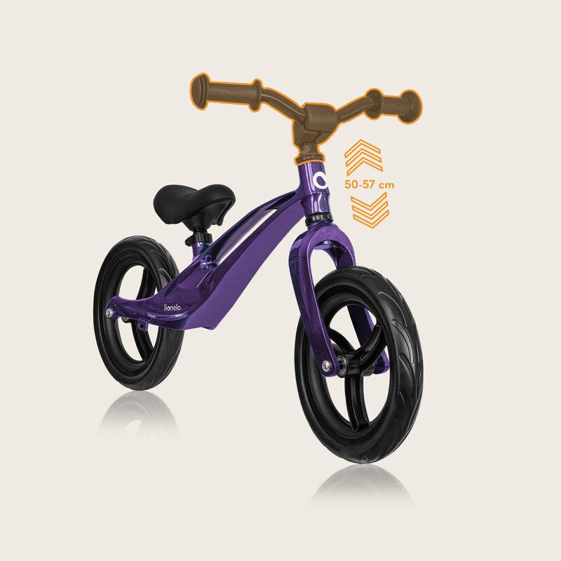 Bicicleta fara pedale, Lionelo, Bart, Usoara, Cu cadru din magneziu, Cu ghidon si sa reglabile, Greutate 3 Kg, 12 inch, Conform cu standardul european de securitate EN71, Purple Amethyst