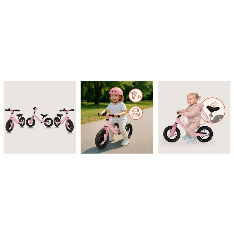 Bicicleta fara pedale, Lionelo, Toni, Cu ghidon si sa reglabile, Ultra usoara, 2.8 Kg, 18 luni+, Sustine 30 kg, Conform cu standardul EN71-1/2/3, Certificata TUV SUD, Roz