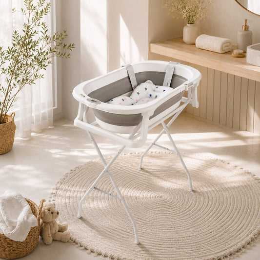 Cadita de baie pliabila, Qmini, Foldy Pro, Cu suport metalic si pernuta de baie, Cu termometru electronic, Cu dop si furtun pentru scurgere, Antiderapanta, 80×49 cm, Alb/Gri