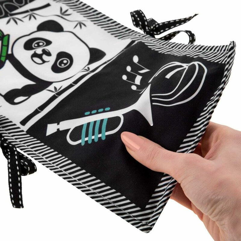 Carticica senzoriala, Bocioland, Cu 12 imagini contrastante, Fosneste cand este atinsa, Cu panglici pentru atasare la patut, 15x80,5 cm, 0 luni+, Rabbit