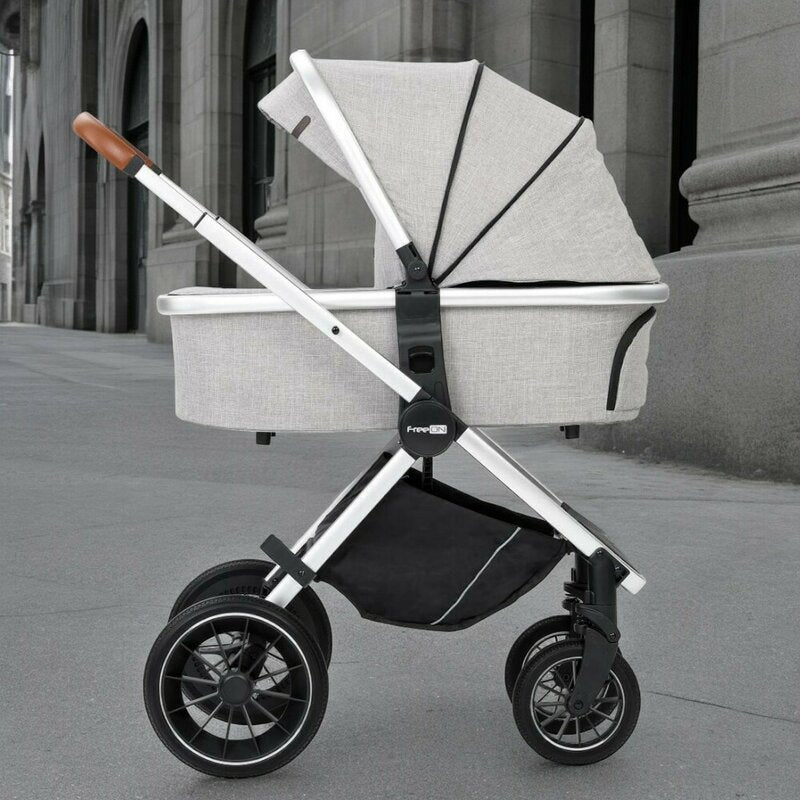 Carucior 3 in 1, FreeON, Joy, Reversibil, Cu cadru din aluminiu, Scoica auto, Husa picioare, Geanta mamici si accesorii, Conform cu standardele europene EN1888-1:2018+A1:2022, Gri