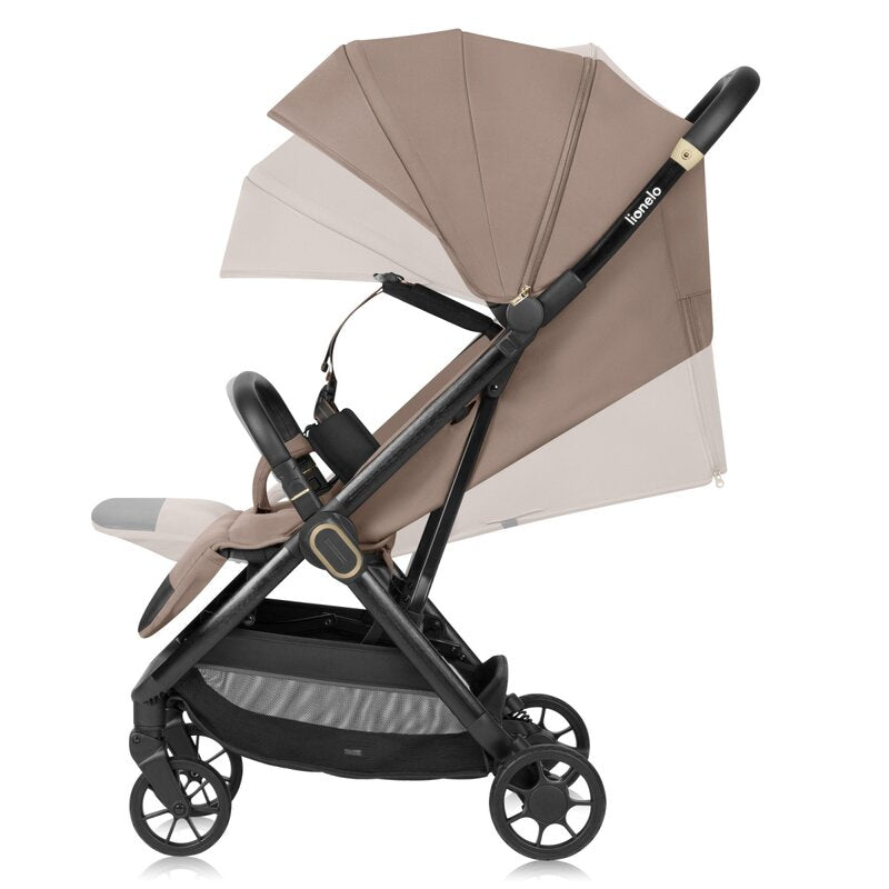 Carucior sport, Lionelo, Bess, Greutate 7.5 kg, Sustine 22 kg, 6 luni+, Capotina impermeabila si protectie SPF 50+, Include suport sticla, Pliere cu o singura mana, Maner pentru transport, Bej