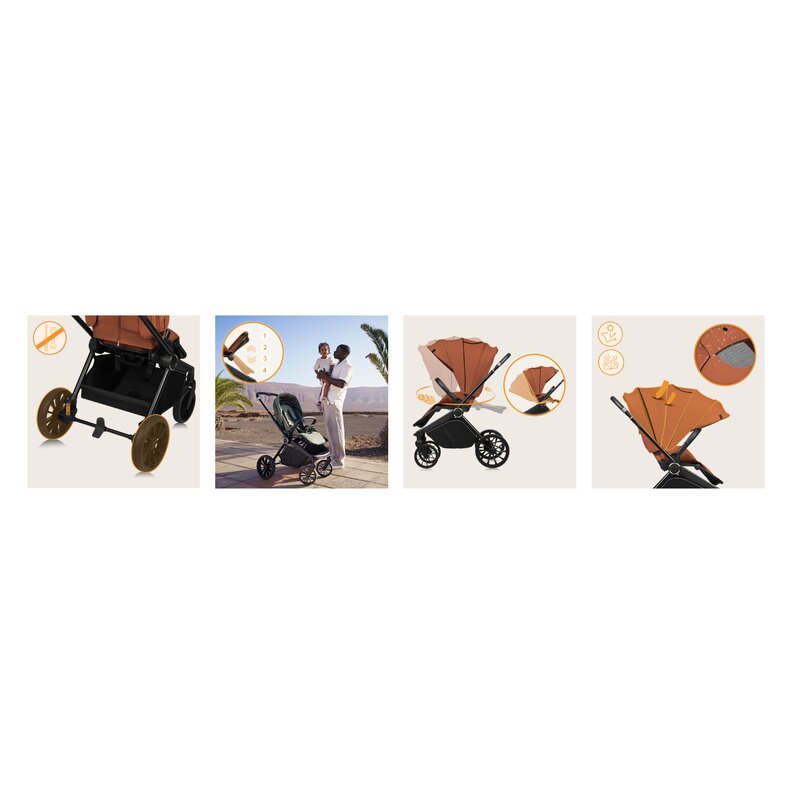Carucior sport, Lionelo, Mika Plus, Cadru din aluminiu, Copertina XXL, Spatar reglabil in 3 pozitii, Cu accesorii, Pana la 22 kg, 6-48 luni; EN1888-1, EN1888-2 EN1466, Maro