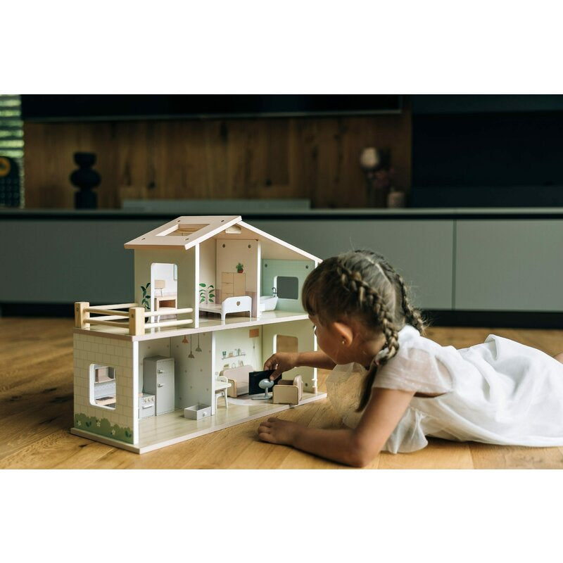 Casuta de papusi, Free2Play, Din lemn, Cu 13 piese de mobilier, Cu acces facil, 52 x 19,5 x 40 cm, 36 luni+, Multicolor