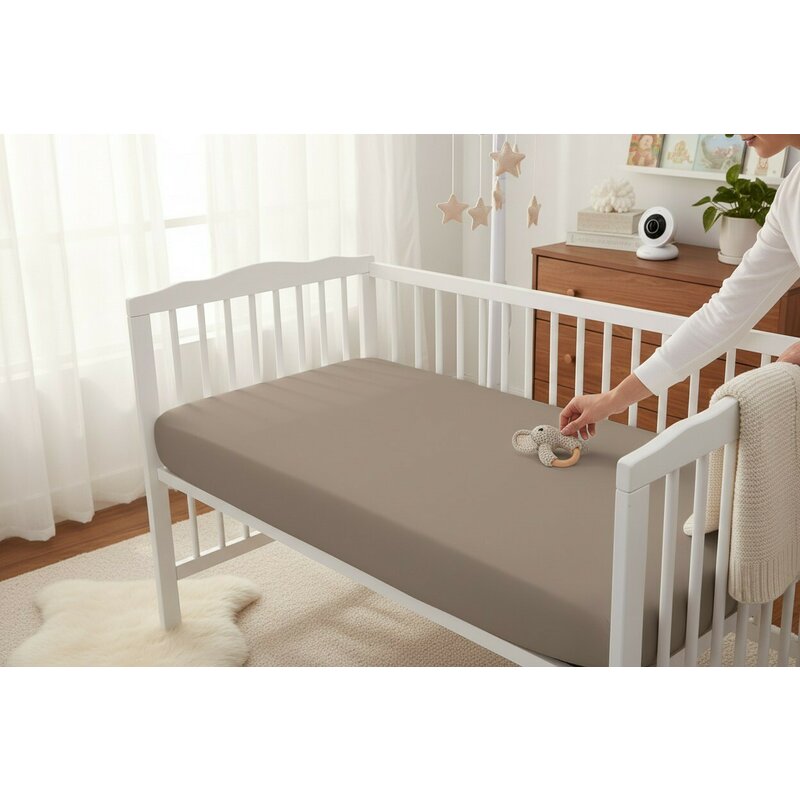 Cearceaf cu elastic, MimiNu, Pentru pat 160x80 cm, Din bumbac certificat Oeko Tex Standard 100, Colectia Royal, Mocha