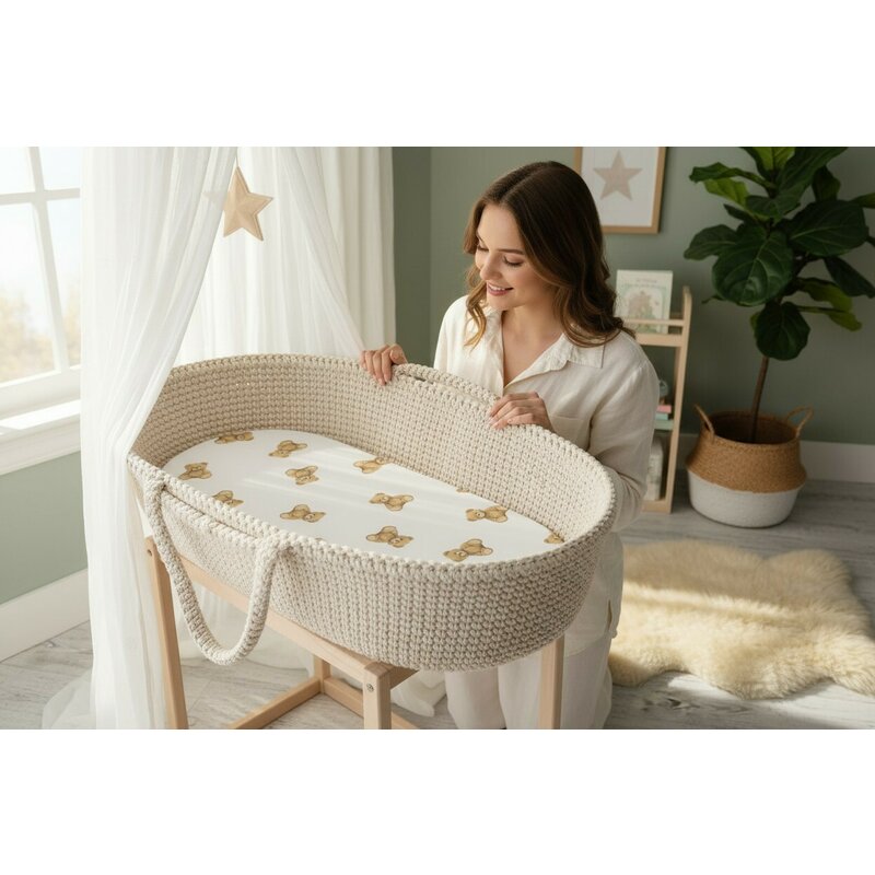 Cearceaf cu elastic, Qmini, Pentru landou, carucior si cosulet, Dimensiune 80x35 cm, Din bumbac certificat Oeko Tex Standard 100, Teddy Toys