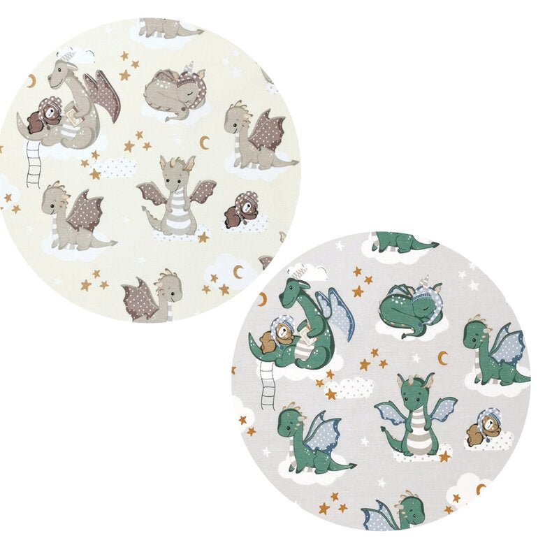 Cearceaf cu elastic, Qmini, Pentru patut 120X60 cm, Din bumbac certificat Oeko Tex Standard 100, Dragons Beige