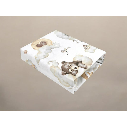 Cearceaf cu elastic, Qmini, Pentru patut 140X70 cm, Din bumbac certificat Oeko Tex Standard 100, Teddy Bear and Friends Beige