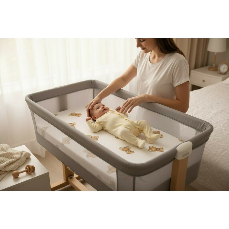 Cearceaf cu elastic, Qmini, Pentru patut co-sleeper, Aurora, Dimensiune 76 x 43 cm, Din bumbac certificat Oeko Tex Standard 100, Teddy Toys