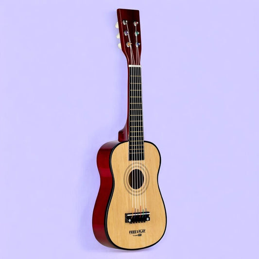 Chitara din lemn, Free2Play, Cu 6 corzi metalice, Dezvolta abilitatile motorii, Stimuleaza auzul si atentia auditiva, 59 cm, 3 ani+, Brown