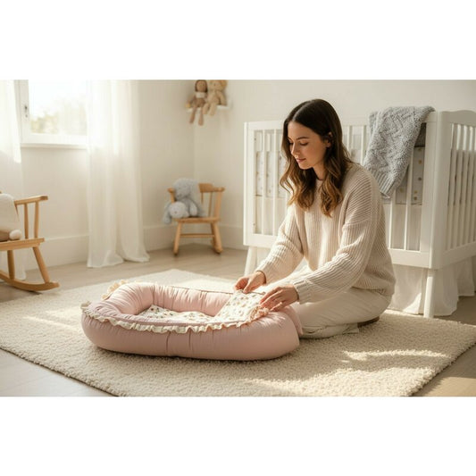 Cosulet bebelus, MimiNu, Premium, Pentru dormit, Baby Nest 55 x 75 cm, Cu Volanase si dantela, Husa 100% bumbac, Din bumbac certificat Oeko Tex Standard 100, Powder Pink
