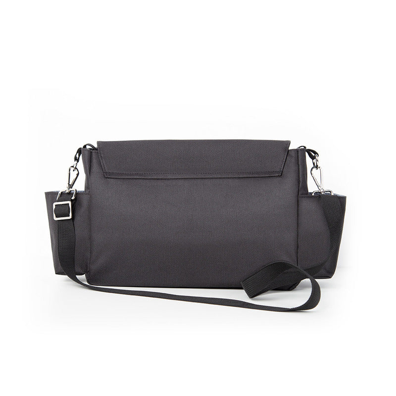 Geanta pentru scutece si organizator carucior, Petite&Mars, Sara, 2 in 1, Cu 7 buzunare, 1 buzunar cu izolatie termica, Dimensiune compacta, 40x23x10 cm, Negru/Maro