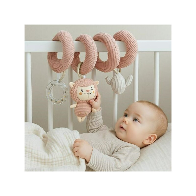 Jucarie interactiva, New Baby, Spirala, Lama, Pentru atasare la patut sau carucior, Dezvolta abilitatile motorii, Include si jucarie pentru dentitie, Fara BPA, 0 luni+, Multicolor