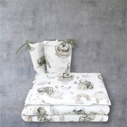 Lenjerie patut 3 piese, Qmini, Pentru patut 120x60 cm, Cu protectie laterala, Din bumbac certificat Oeko Tex Standard 100, Elephants on Rainbow