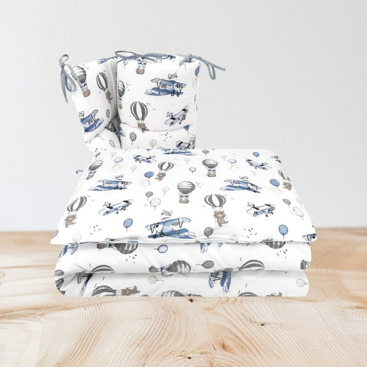 Lenjerie patut cu 3 piese, MimiNu, Pentru patut 120x60 cm, Cu protectie laterala, Din bumbac certificat Oeko Tex Standard 100, Blue Plane