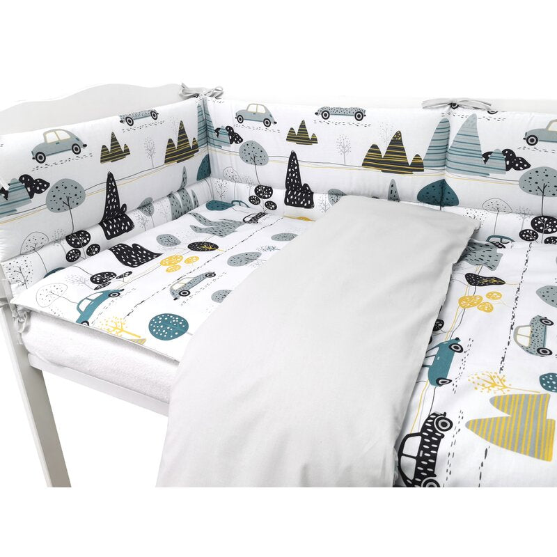 Lenjerie patut cu 3 piese, MimiNu, Pentru patut 120x60 cm, Cu protectie laterala, Din bumbac certificat Oeko Tex Standard 100, Childrens Journey Grey
