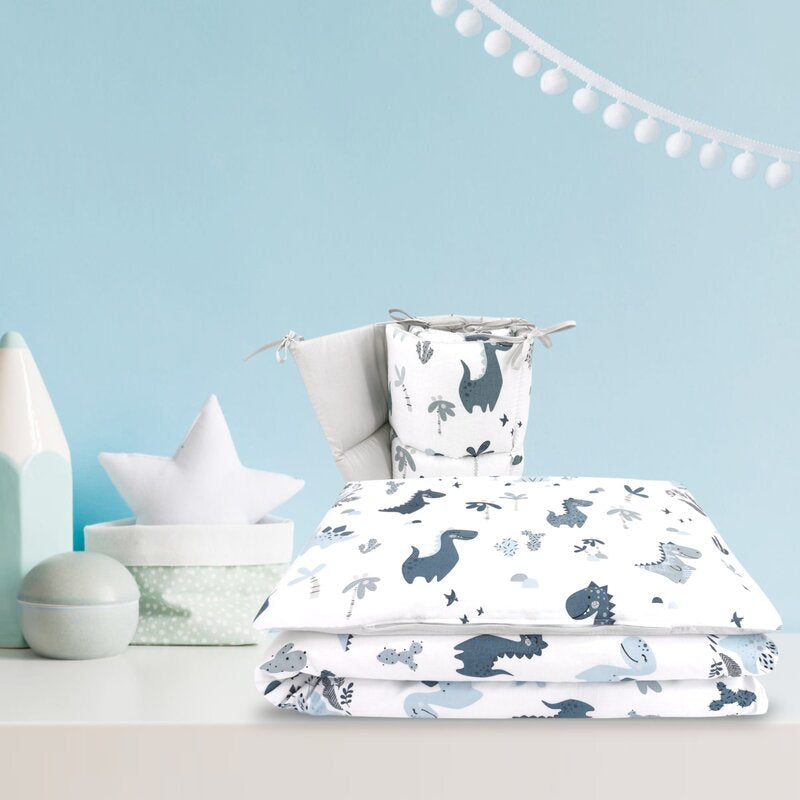 Lenjerie patut cu 3 piese, MimiNu, Pentru patut 120x60 cm, Cu protectie laterala, Din bumbac certificat Oeko Tex Standard 100, Dino Granat