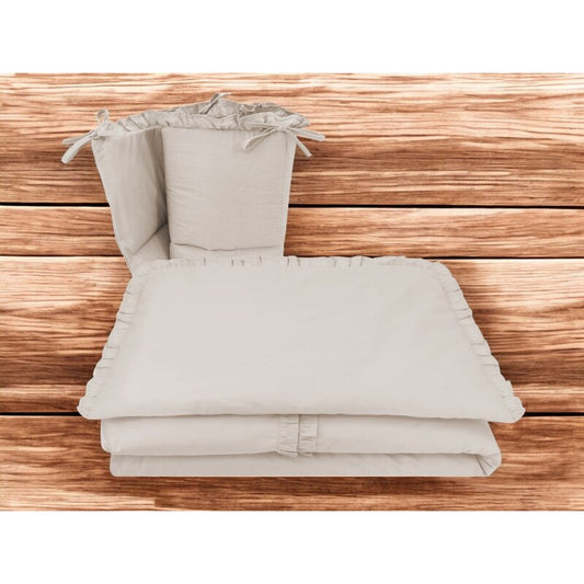 Lenjerie patut cu 3 piese, MimiNu, Pentru patut 120x60 cm, Cu volanase, Cu protectie laterala, Din bumbac certificat Oeko Tex Standard 100, Colectia Royal, Beige