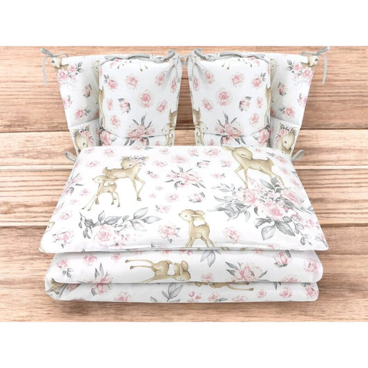 Lenjerie patut cu 4 piese, MimiNu, Pentru patut 120x60 cm, Cu doua protectii laterale, Din bumbac certificat Oeko Tex Standard 100, Sweet Deer Pink
