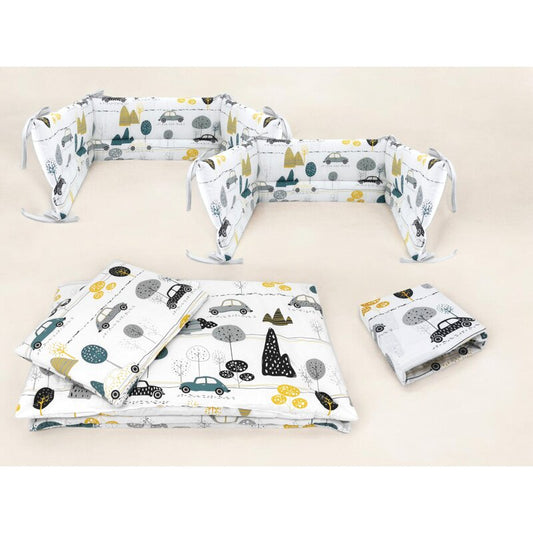 Lenjerie patut cu 5 piese, MimiNu, Cu cearceaf 120x60 cm, Pilota, Pernuta, 2 aparatori, Din bumbac certificat Oeko Tex Standard 100, Childrens Journey Grey