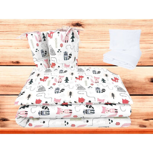 Lenjerie patut cu 5 piese, MimiNu, Pentru patut 120x60 cm, Cu pilota si perna, Din bumbac certificat Oeko Tex Standard 100, Fox