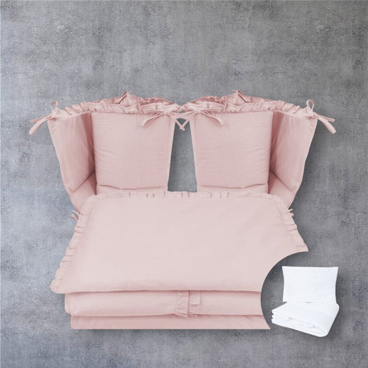 Lenjerie patut cu 6 piese, MimiNu, Pentru patut 120x60 cm, Cu volanase, Cu pilota si perna, Cu doua aparatori laterale, Din bumbac certificat Oeko Tex Standard 100, Colectia Royal, Powder Pink