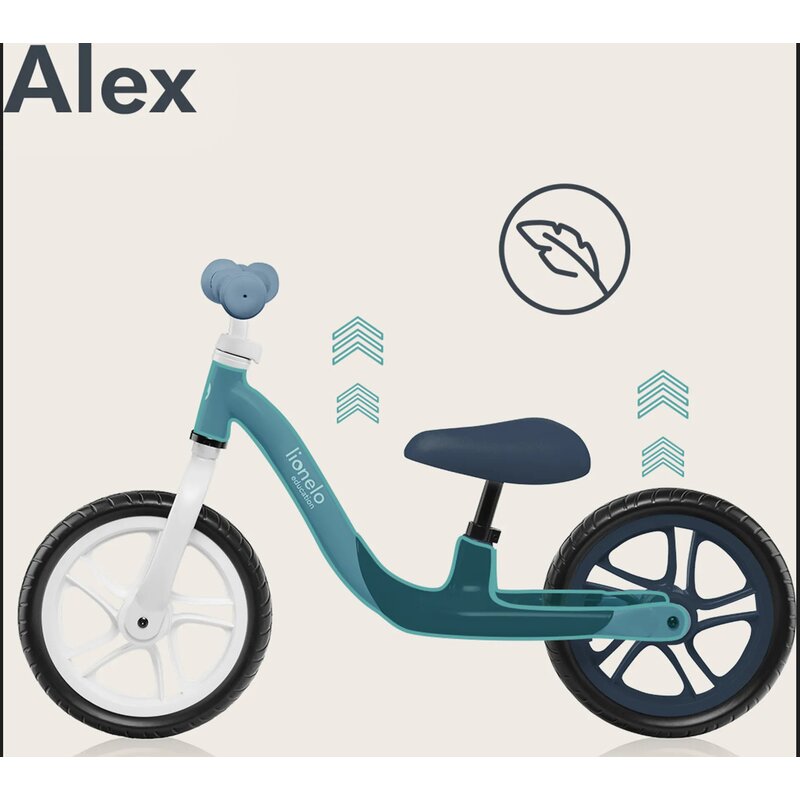 Bicicleta fara pedale, Lionelo, Alex, Usoara, Cu ghidon si sa reglabile, Greutate 3.3 Kg, Cu roti din spuma EVA, 12 inch, Turquoise
