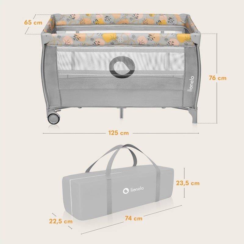 Patut pliant, Lionelo, Stefi Plus, Cu doua nivele, Cu intrare laterala cu fermoar, 2 roti, 120 x 60 cm, Conform cu standardul european de securitate EN 716, Gri/ Multicolor